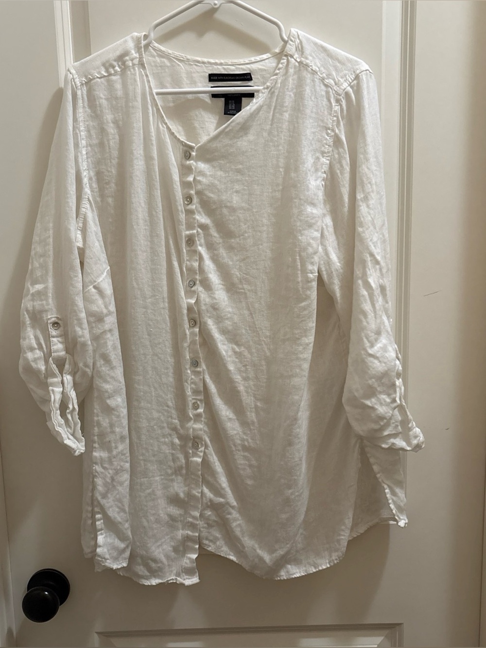 Tahari 100% Linen White Button Down Blouse Roll Tab Long Sleeve 1X Resortwear